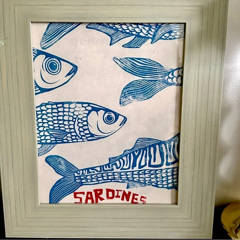 Retro Sardine Fish Canvas Print Wall Hang Art Blue Frame Blue Red Italy Ocean